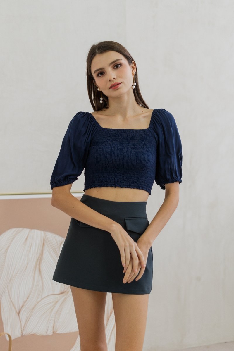Sonia Smocked Puff Sleeve Top in Navy (XS)