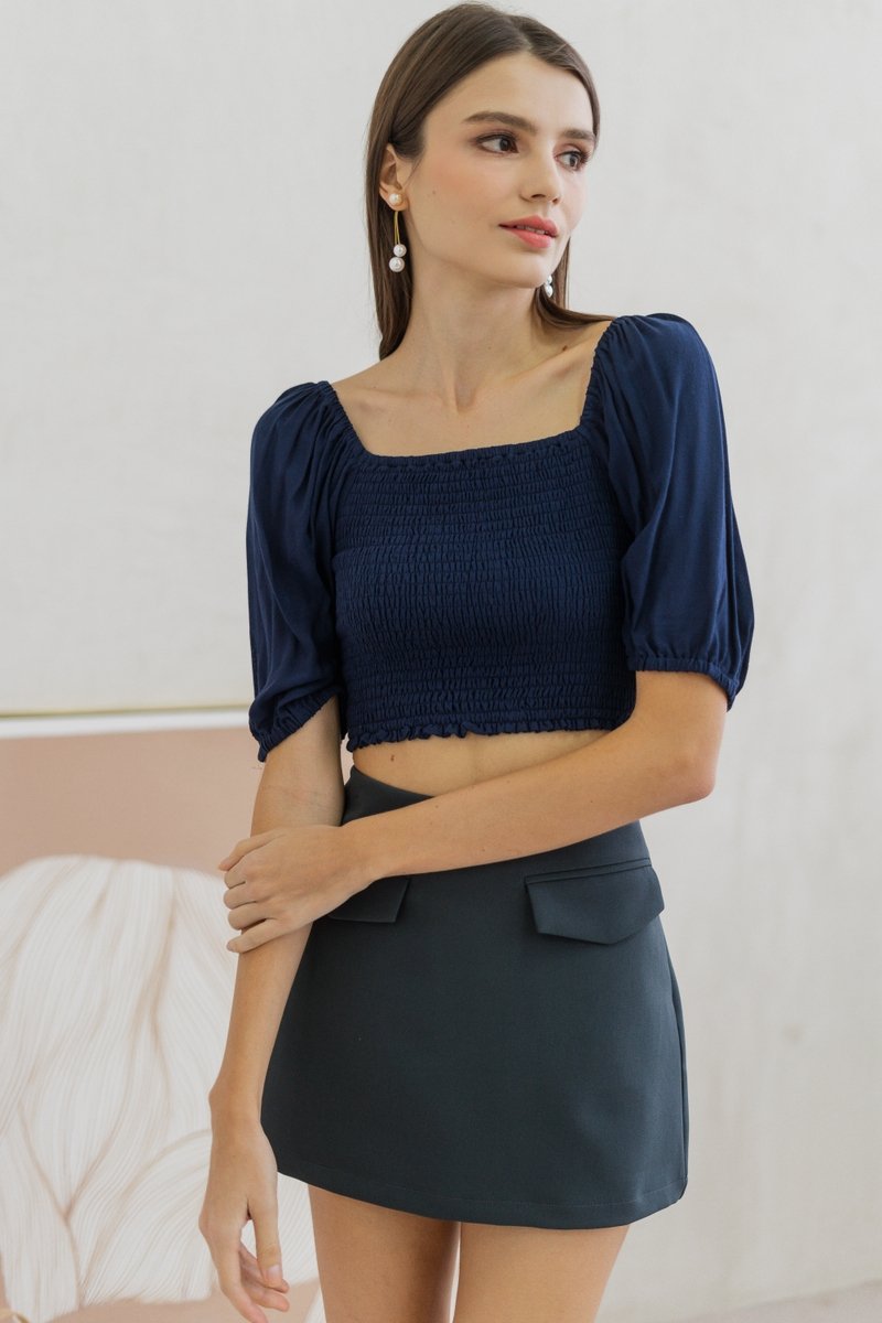 Sonia Smocked Puff Sleeve Top in Navy (XS)