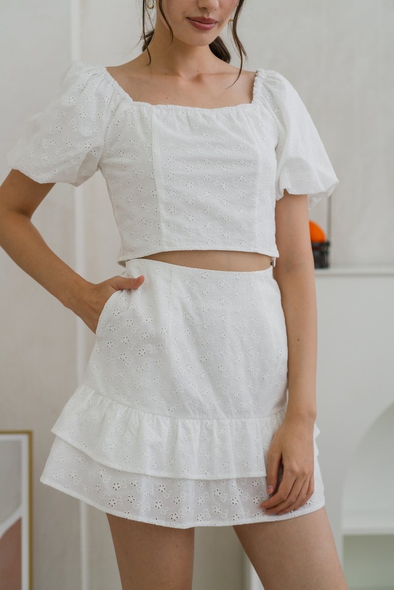 Debby Eyelet Crop Sleeve Top in White (XS)