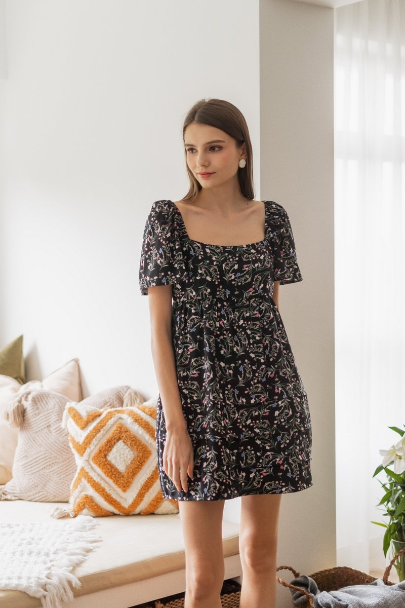 Fiorella Floral Babydoll Dress Romper in Black (XS)