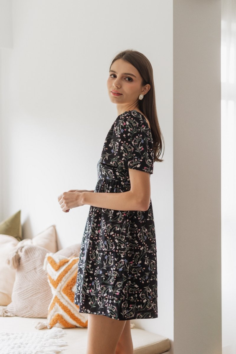 Fiorella Floral Babydoll Dress Romper in Black (XS)