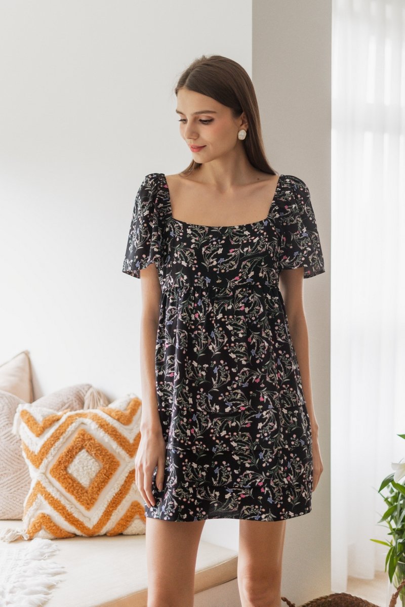 Fiorella Floral Babydoll Dress Romper in Black (XS)