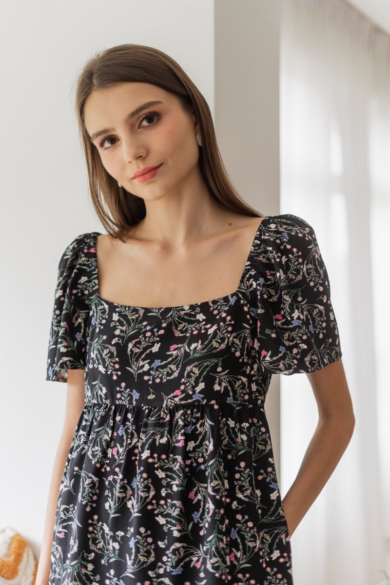 Fiorella Floral Babydoll Dress Romper in Black (XS)