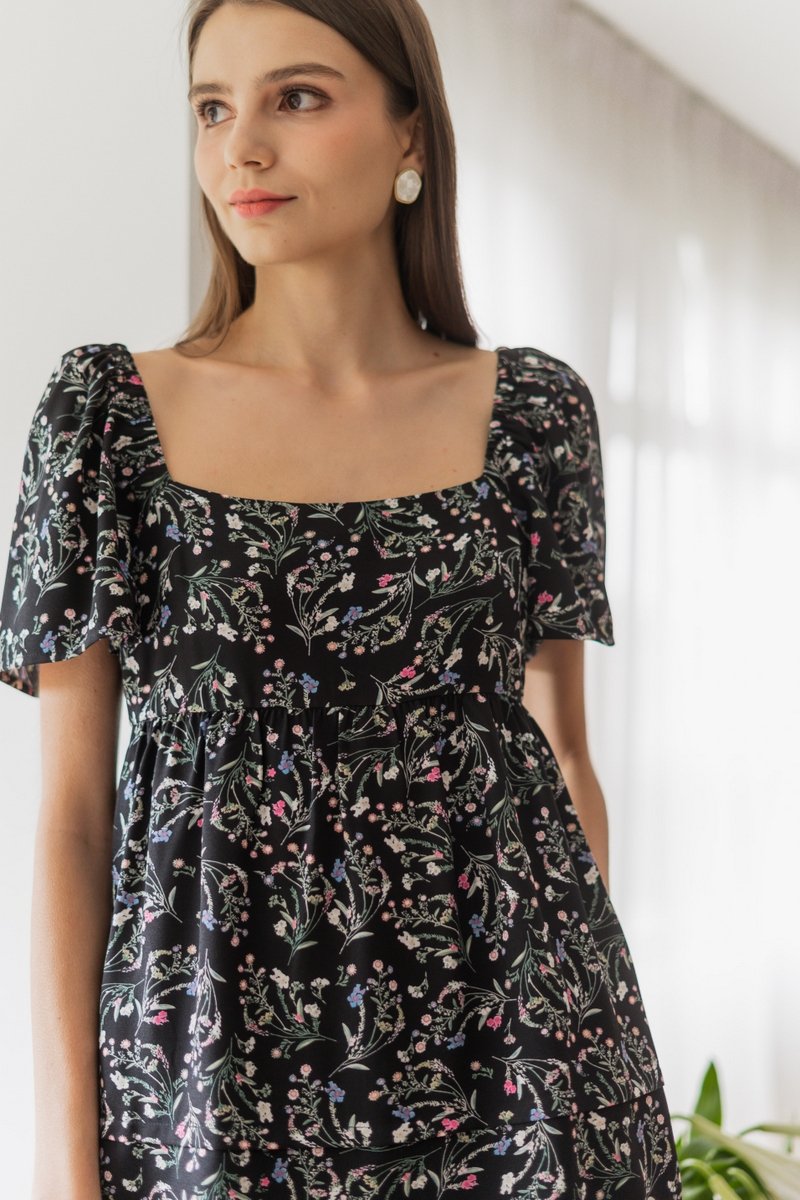 Fiorella Floral Babydoll Dress Romper in Black (XS)