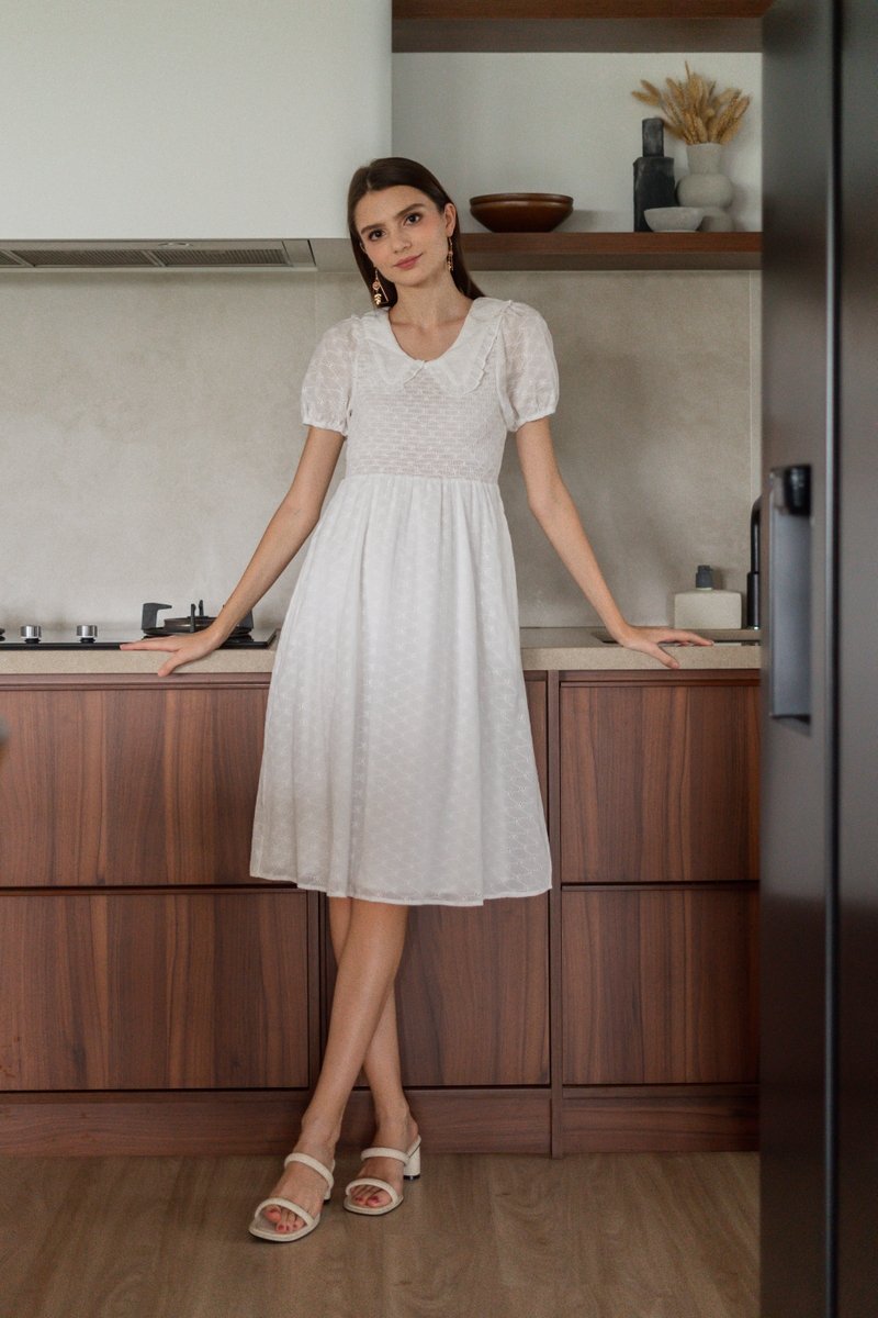 Jewel Smocked Eyelet Midi Dress in White