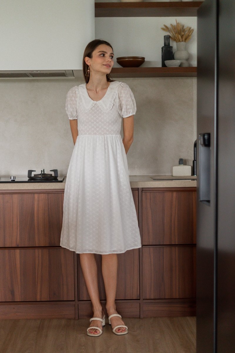 Jewel Smocked Eyelet Midi Dress in White