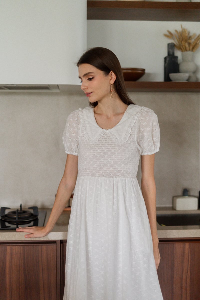 Jewel Smocked Eyelet Midi Dress in White