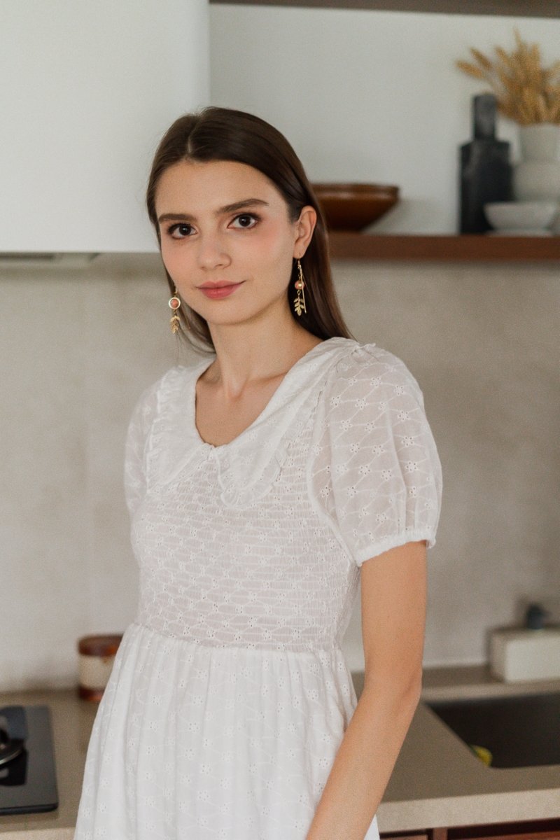 Jewel Smocked Eyelet Midi Dress in White