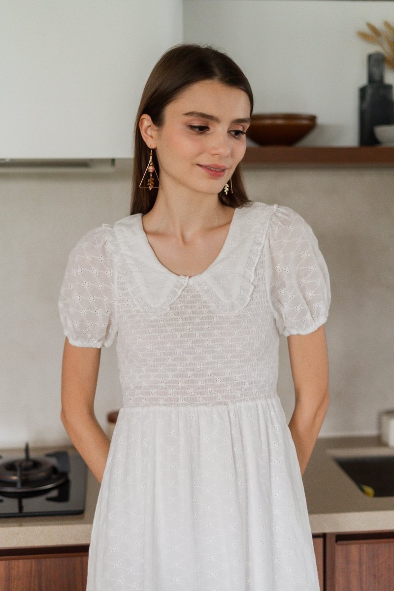 Jewel Smocked Eyelet Midi Dress in White