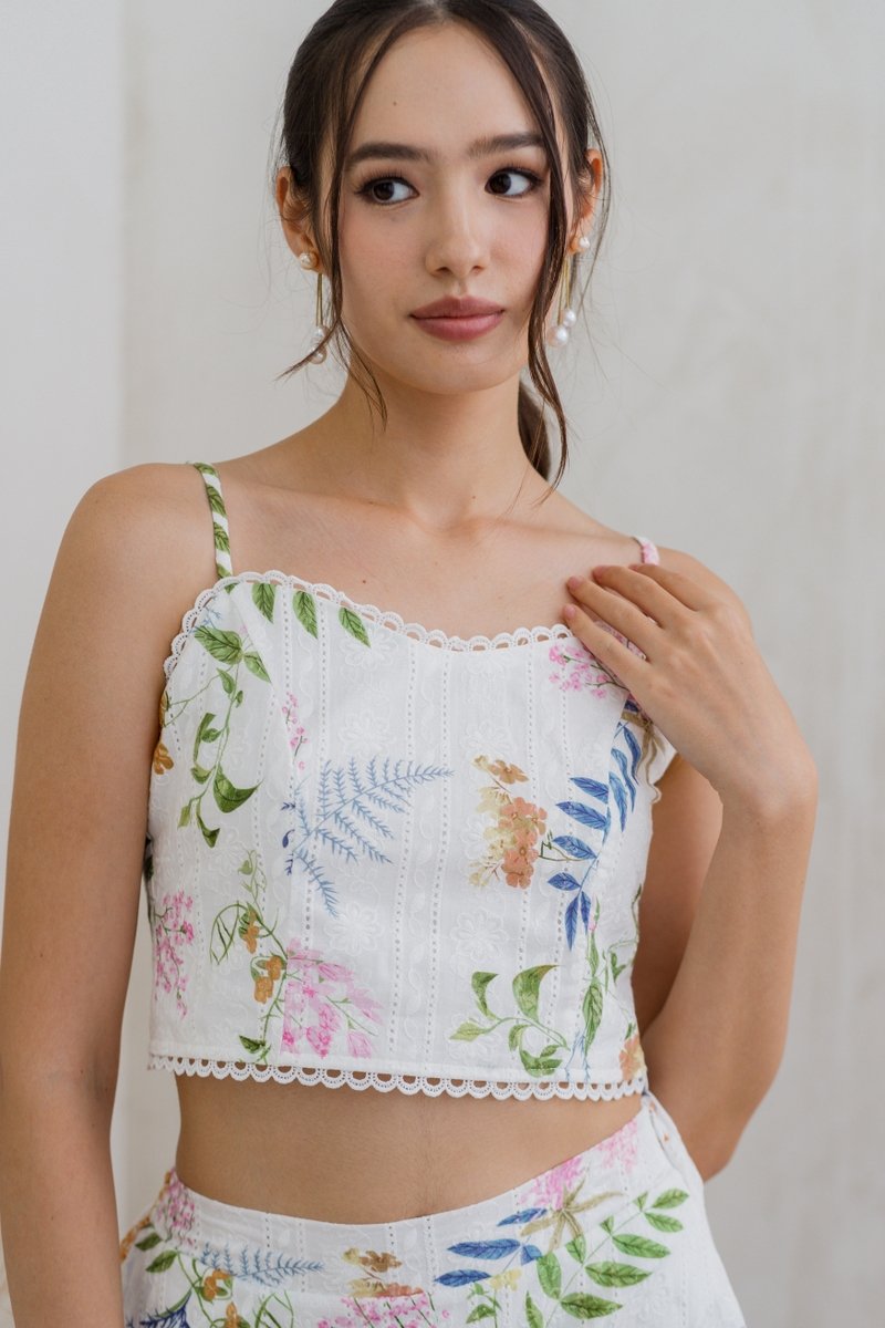 Kanani Camisole Floral Eyelet Crop Top in White