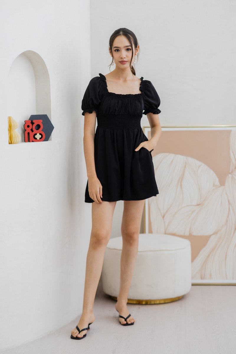 Cierra Ruched Smocked Romper in Black (XS)