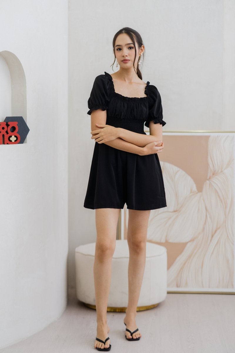 Cierra Ruched Smocked Romper in Black (XS)