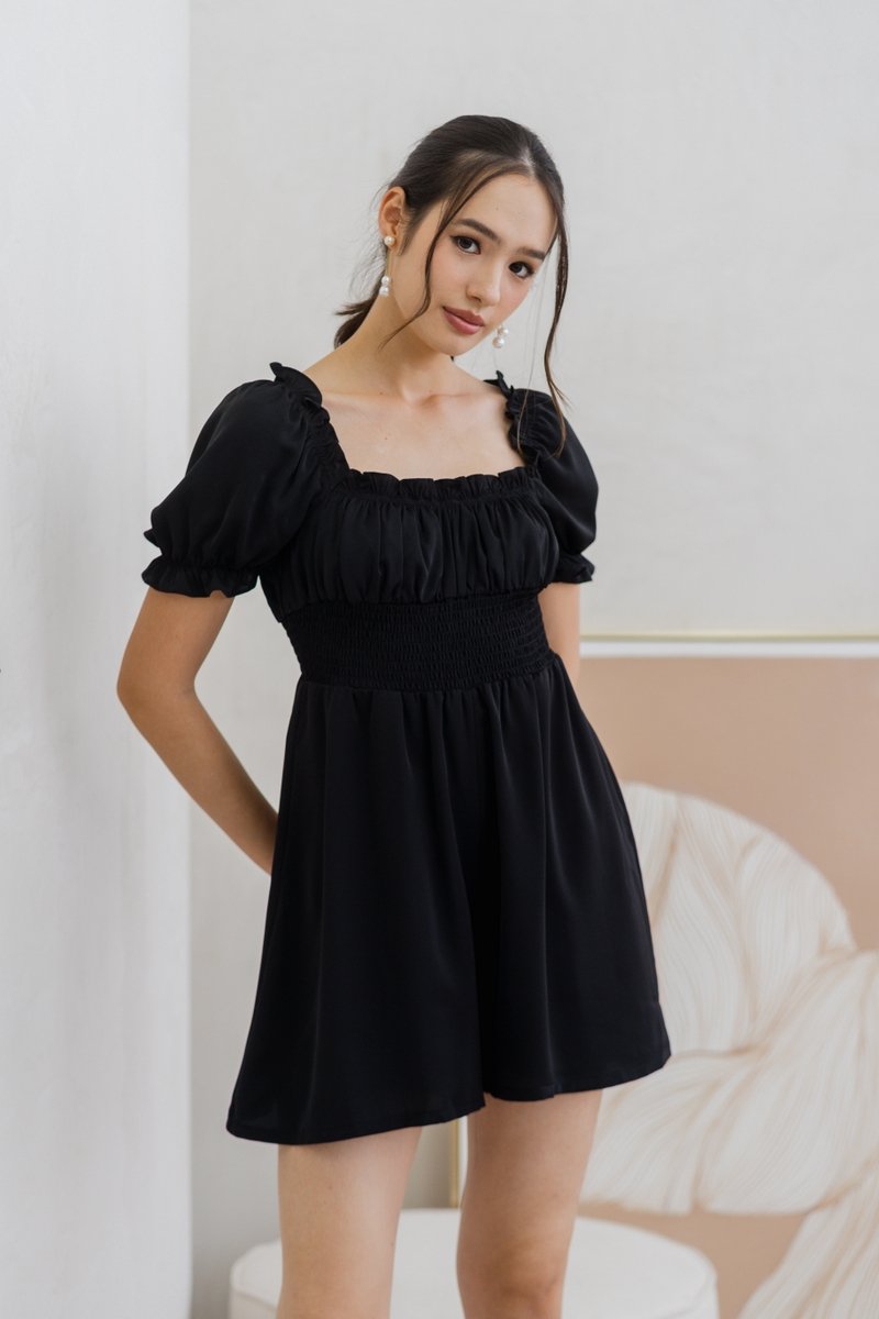 Cierra Ruched Smocked Romper in Black (XS)