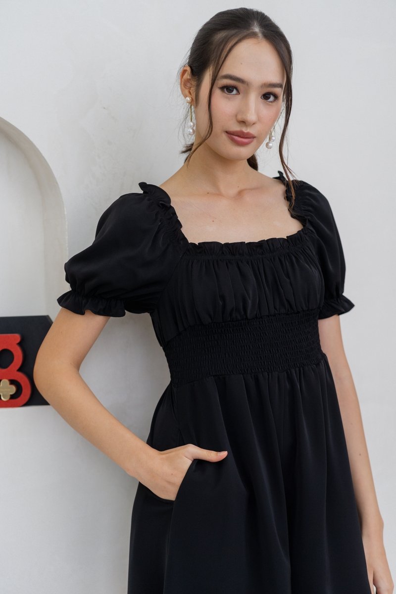 Cierra Ruched Smocked Romper in Black (XS)