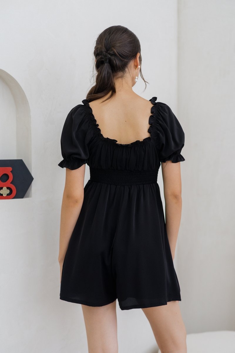 Cierra Ruched Smocked Romper in Black (XS)