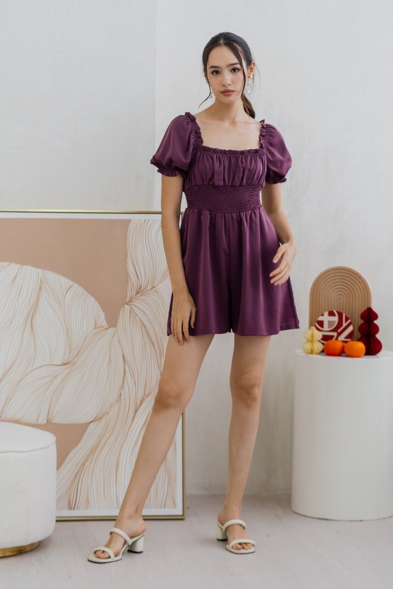 Cierra Ruched Smocked Romper in Plum (XS)