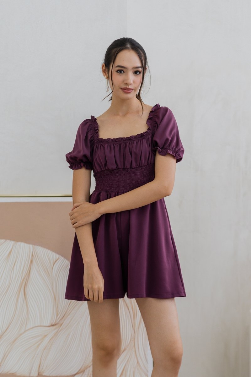 Cierra Ruched Smocked Romper in Plum (XS)