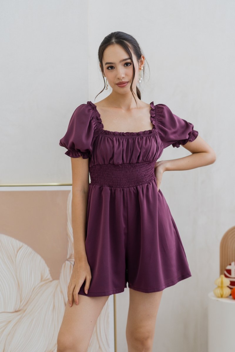 Cierra Ruched Smocked Romper in Plum (XS)