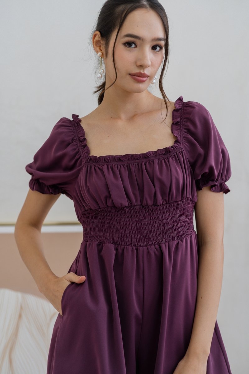 Cierra Ruched Smocked Romper in Plum (XS)