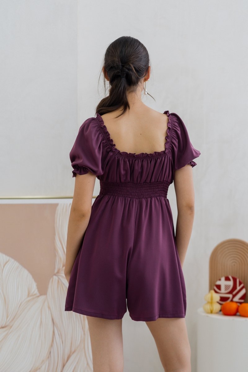 Cierra Ruched Smocked Romper in Plum (XS)