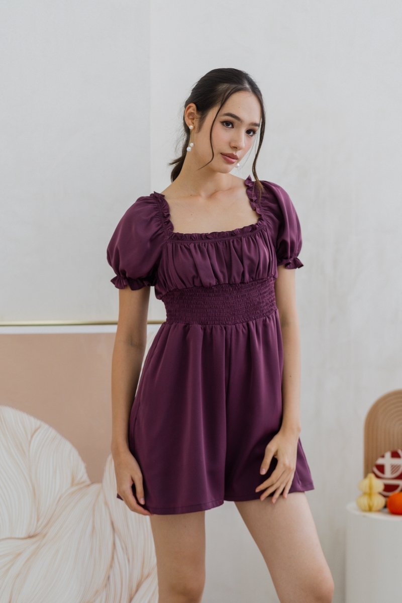 Cierra Ruched Smocked Romper in Plum (XS)
