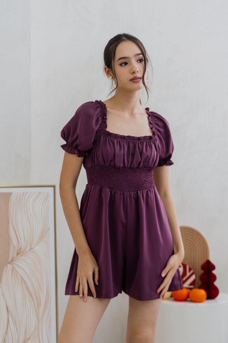 Cierra Ruched Smocked Romper in Plum (XS)