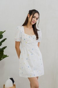 Bernice Ribbon Embroidery Empire Dress in White
