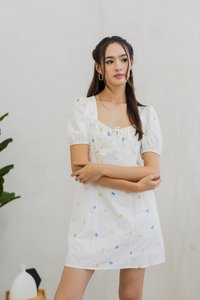 Bernice Ribbon Embroidery Empire Dress in White