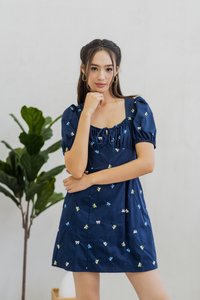 Bernice Ribbon Embroidery Empire Dress in Navy (XS)