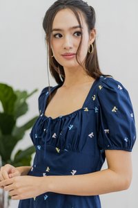 Bernice Ribbon Embroidery Empire Dress in Navy (XS)