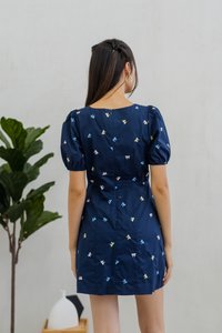 Bernice Ribbon Embroidery Empire Dress in Navy (XS)