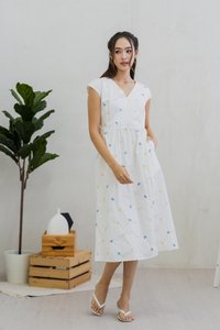 Bernice Ribbon Embroidery Overlap Midi Dress in White (XS)