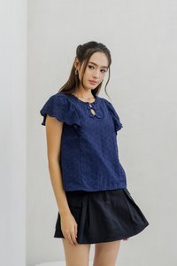 Brianna Cheongsam Eyelet Top in Navy (XS)