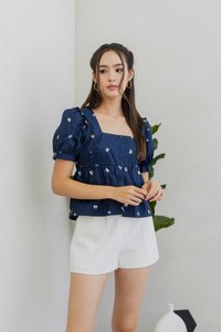Bernice Ribbon Embroidery Button Top in Navy (XS)