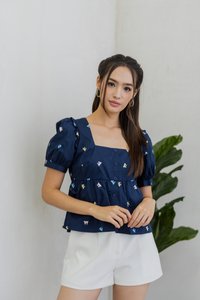 Bernice Ribbon Embroidery Button Top in Navy (XS)