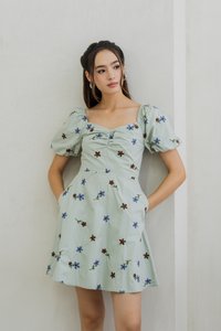Muriel Sweetheart Puff Sleeves Dress in Sage (XS)