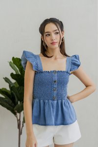 Jessica Ruffle Sleeves Smocked Denim Top