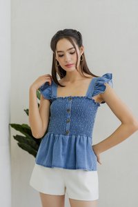Jessica Ruffle Sleeves Smocked Denim Top