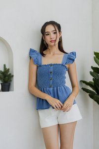 Jessica Ruffle Sleeves Smocked Denim Top