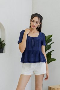 Anne Textured Tie Ribbon Top in Navy (XS)