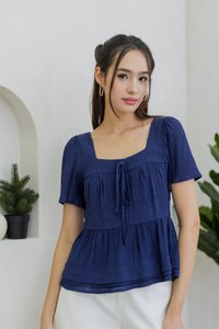 Anne Textured Tie Ribbon Top in Navy (XS)