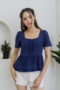 Anne Textured Tie Ribbon Top in Navy (XS)