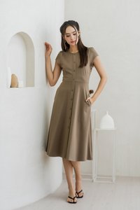 Destiny Button Down Cotton Midi Dress in Khaki (XS)