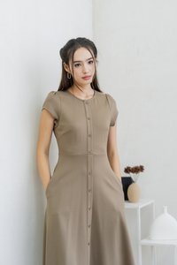 Destiny Button Down Cotton Midi Dress in Khaki (XS)