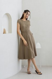Destiny Button Down Cotton Midi Dress in Khaki (XS)