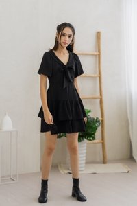 Darlene Ribbon Tiered Dress in Black (XS)