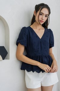 Elly Overlap Eyelet Top in Navy (XS)