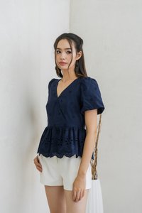 Elly Overlap Eyelet Top in Navy (XS)