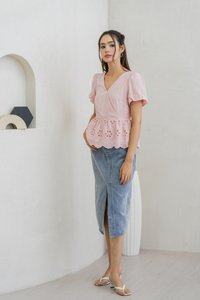 Elly Overlap Eyelet Top in Pink (XS)