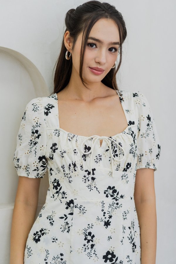 Mandy Ruched Eyelet Dress in White